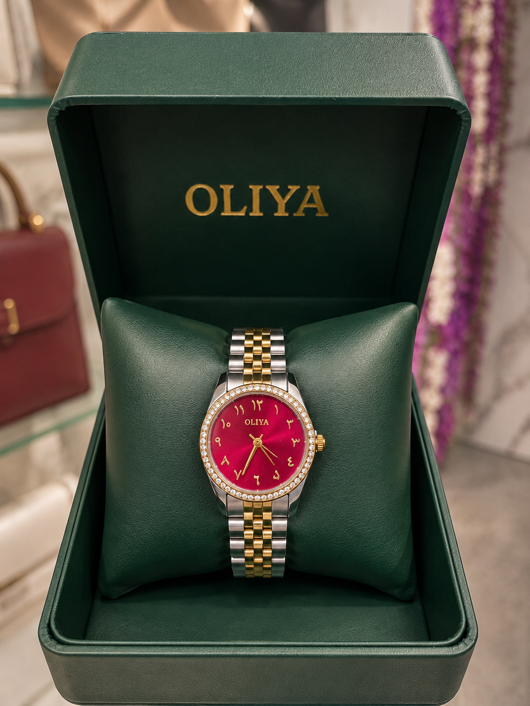 OLIYA Women's Two-Tone Crystal Watch – Ruby Arabic-Indic Dial