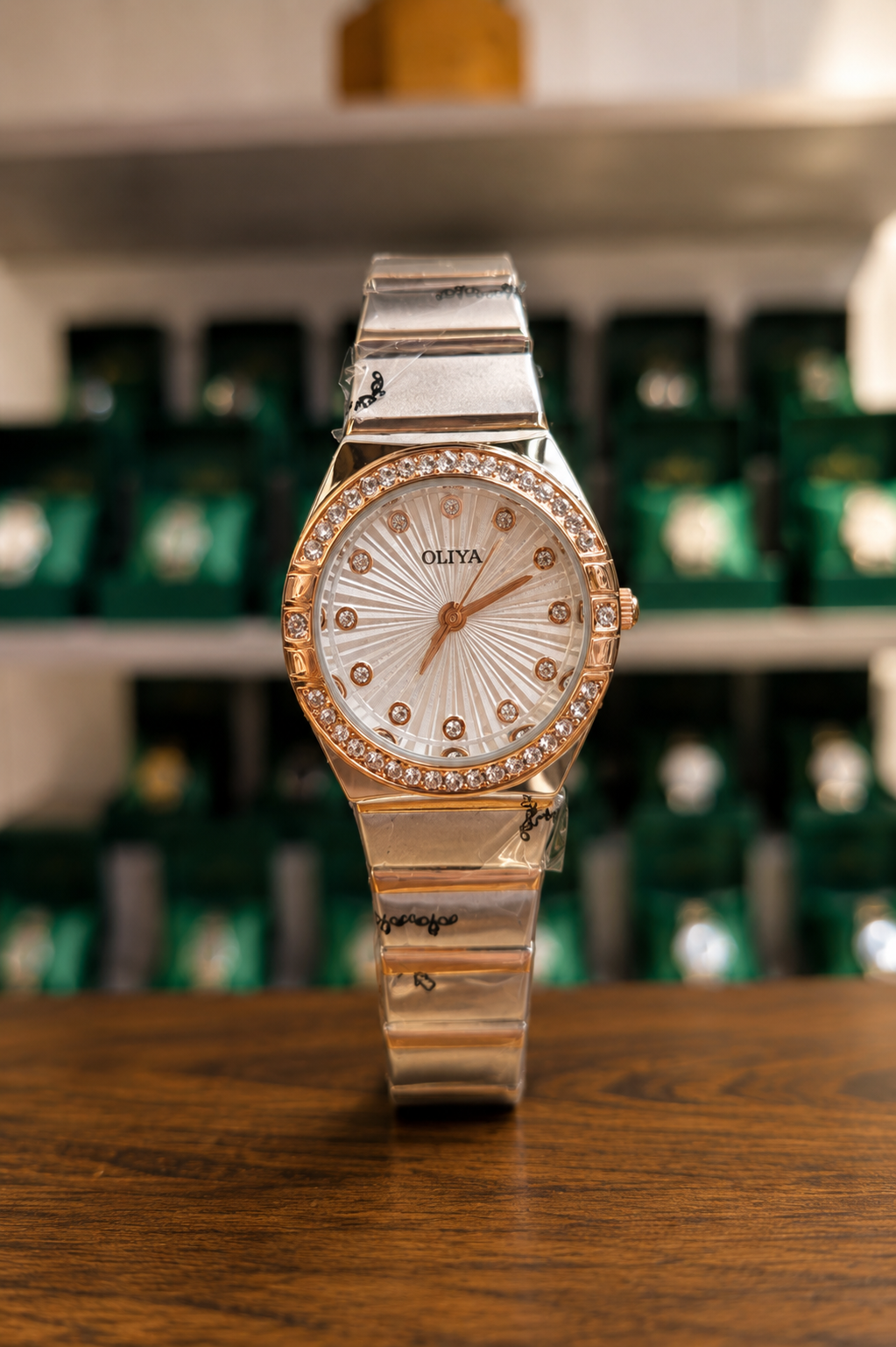 OLIYA Women's Rose Gold Crystal Watch – Sunburst Dial