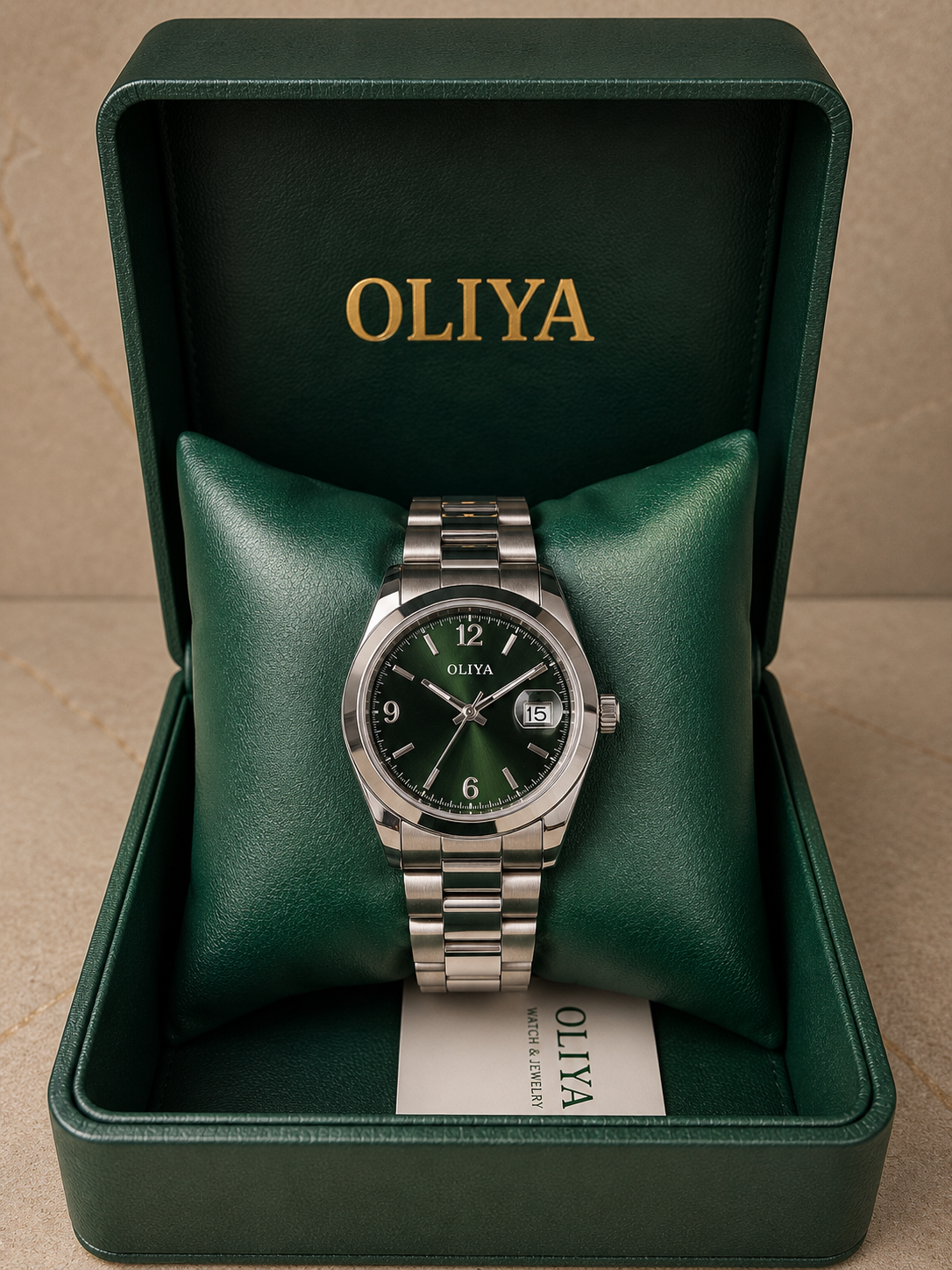 OLIYA Men's Silver Watch – Emerald Green Dial