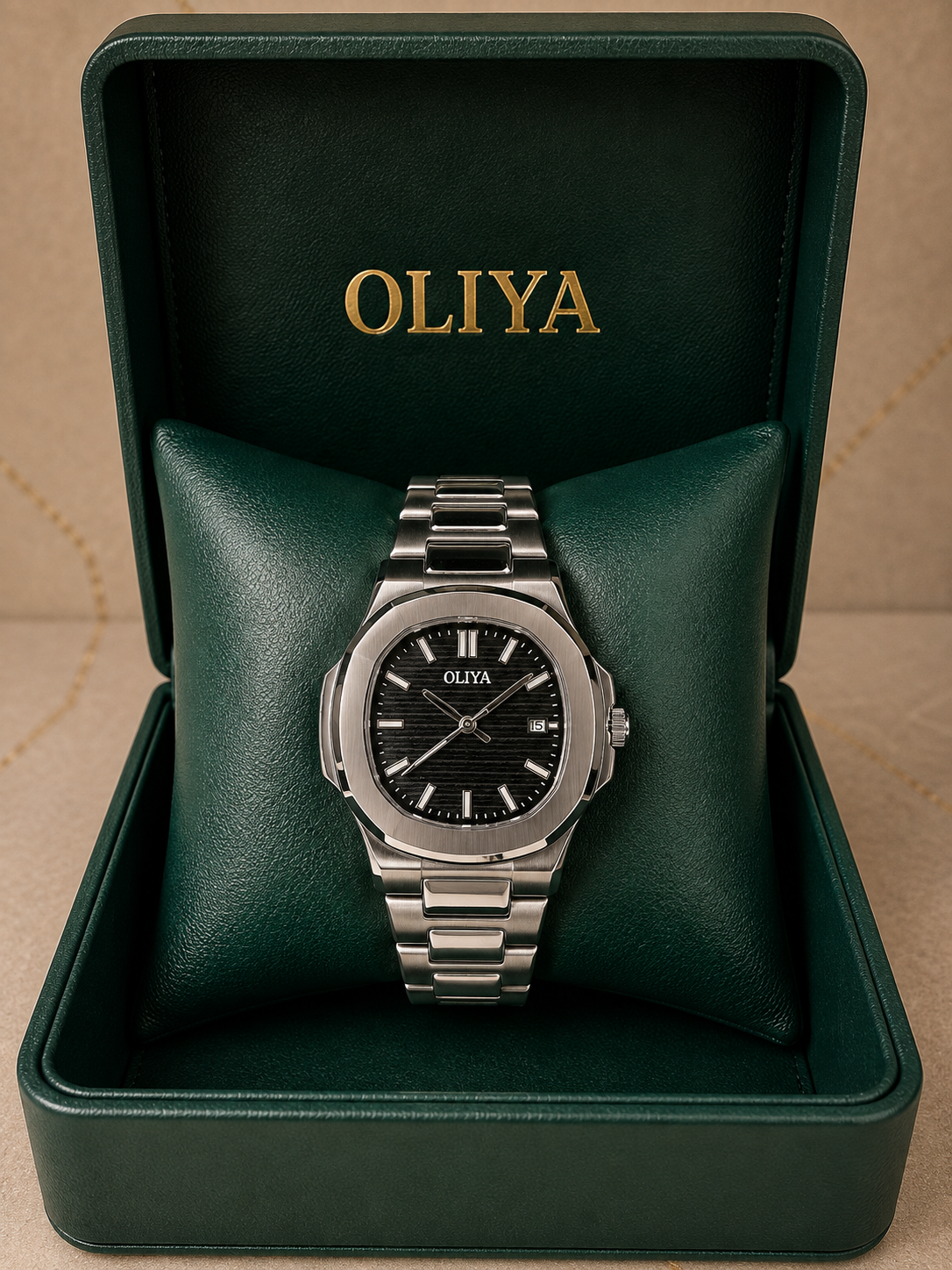 OLIYA Men's Modern Steel Watch – Black Textured Dial