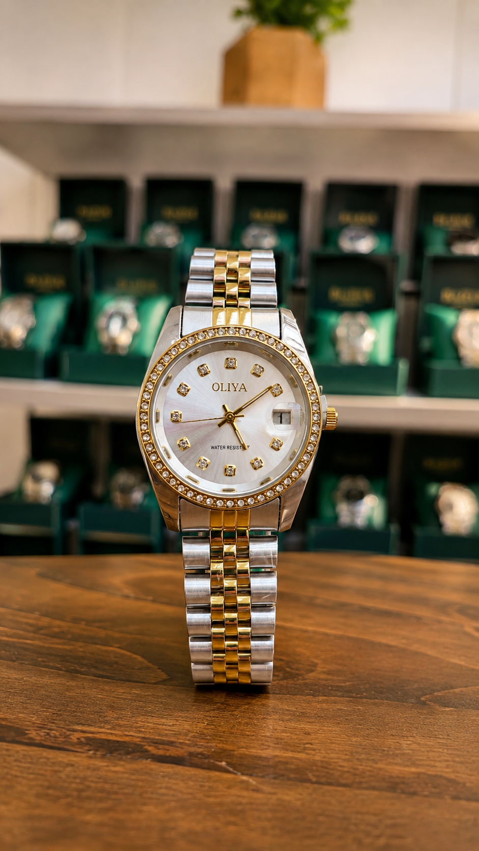 OLIYA Women's Two-Tone Crystal Date Watch – White Dial