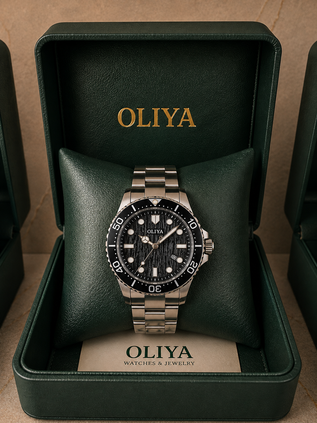 OLIYA Men's Diver-Style Watch – Black Bezel