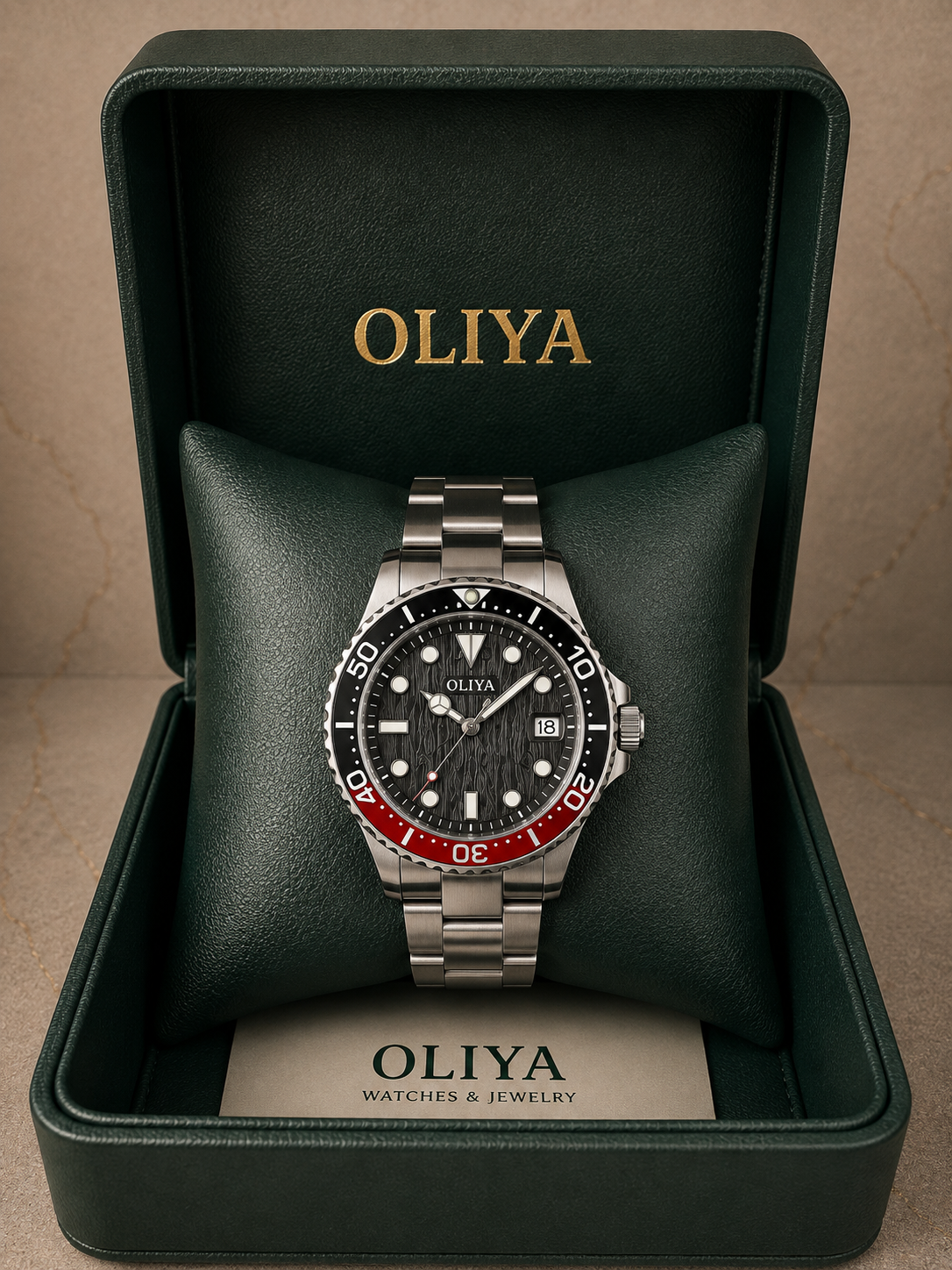 OLIYA Men's Diver-Style Watch – Black & Red Bezel