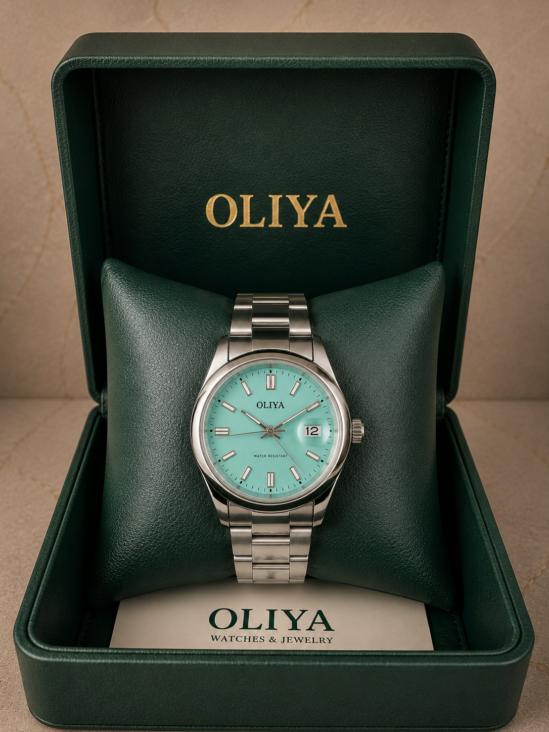 OLIYA Men's Silver Watch – Turquoise Dial