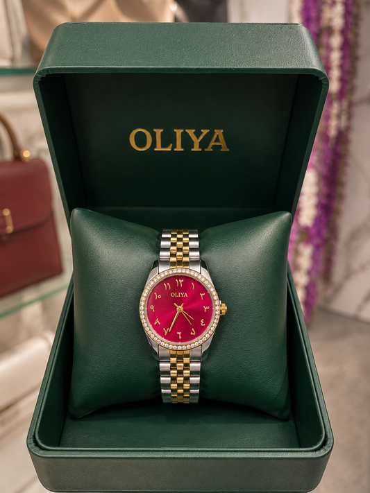 OLIYA Women's Two-Tone Crystal Watch – Ruby Arabic-Indic Dial