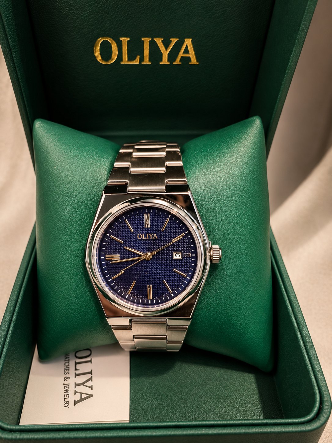 OLIYA Men's Silver Watch – Navy Textured Dial