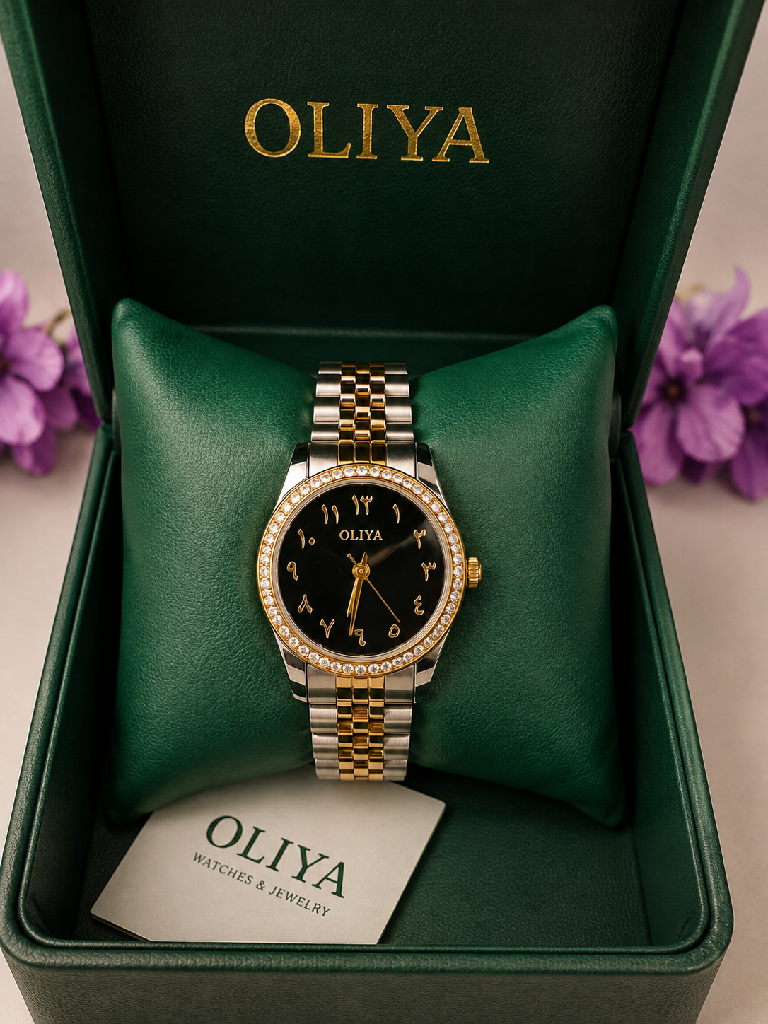 OLIYA Women's Two-Tone Crystal Watch – Black Arabic-Indic Dial