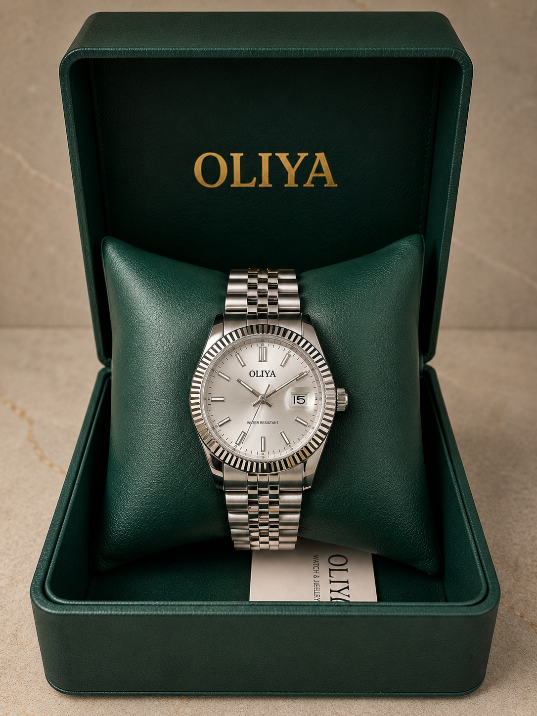 OLIYA Men's Day-Date Silver Watch – White Dial