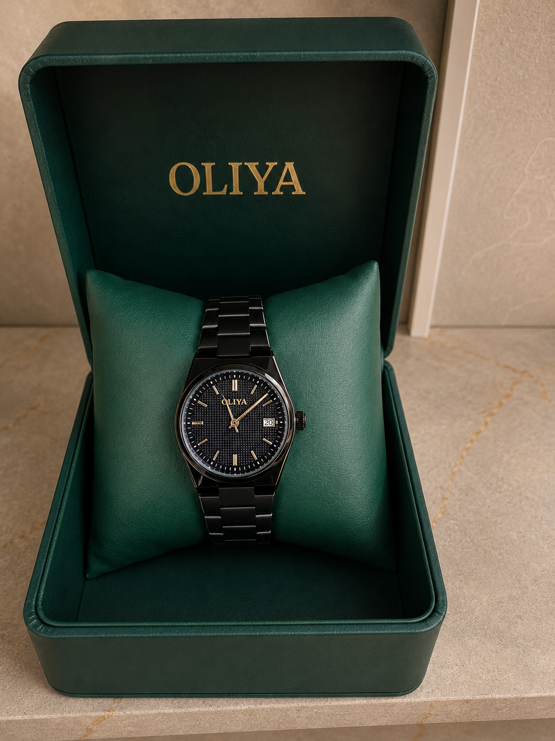 OLIYA Women's Black Classic Date Watch – Textured Dial