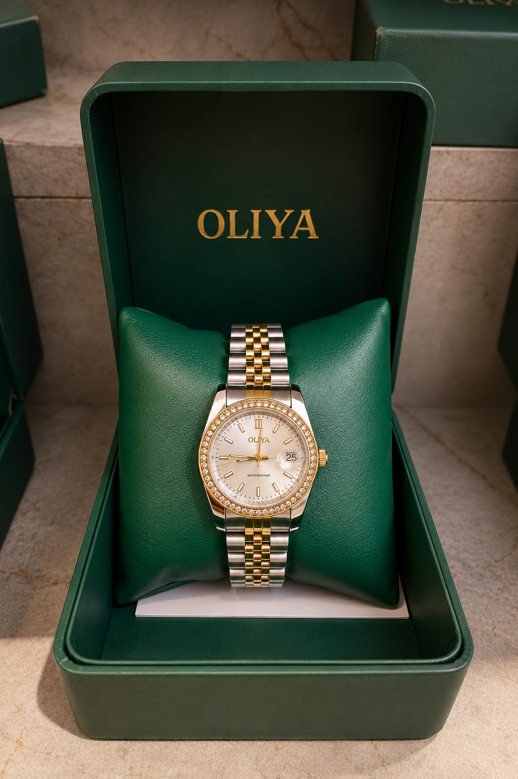 OLIYA Women's Two-Tone Crystal Date Watch – Clean White Dial