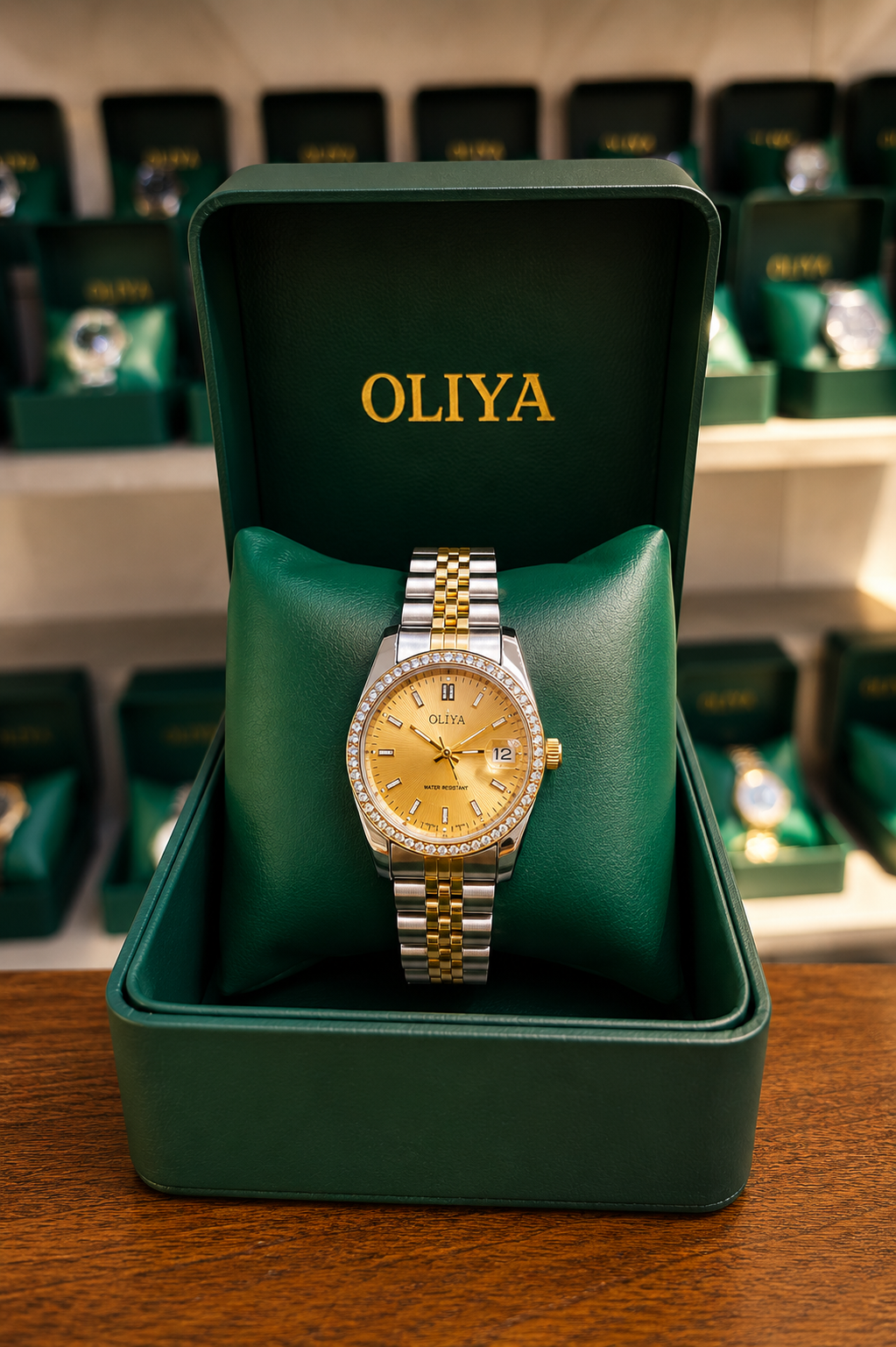 OLIYA Women's Two-Tone Crystal Date Watch – Champagne Dial