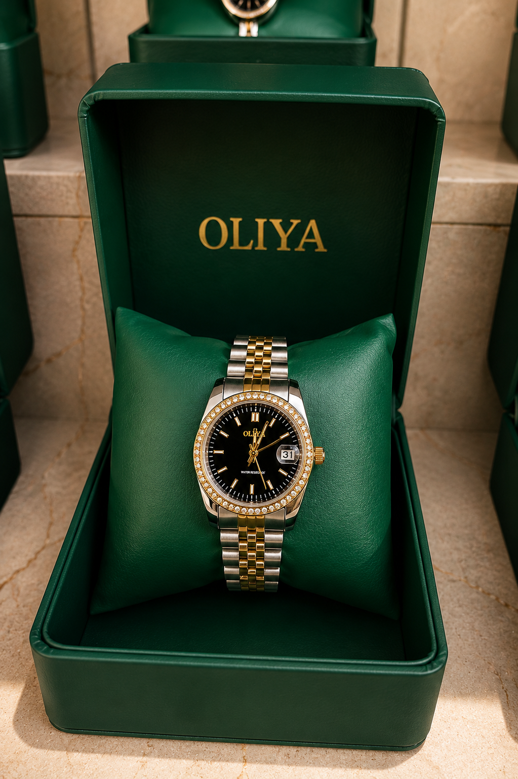 OLIYA Women's Two-Tone Crystal Date Watch – Black Dial