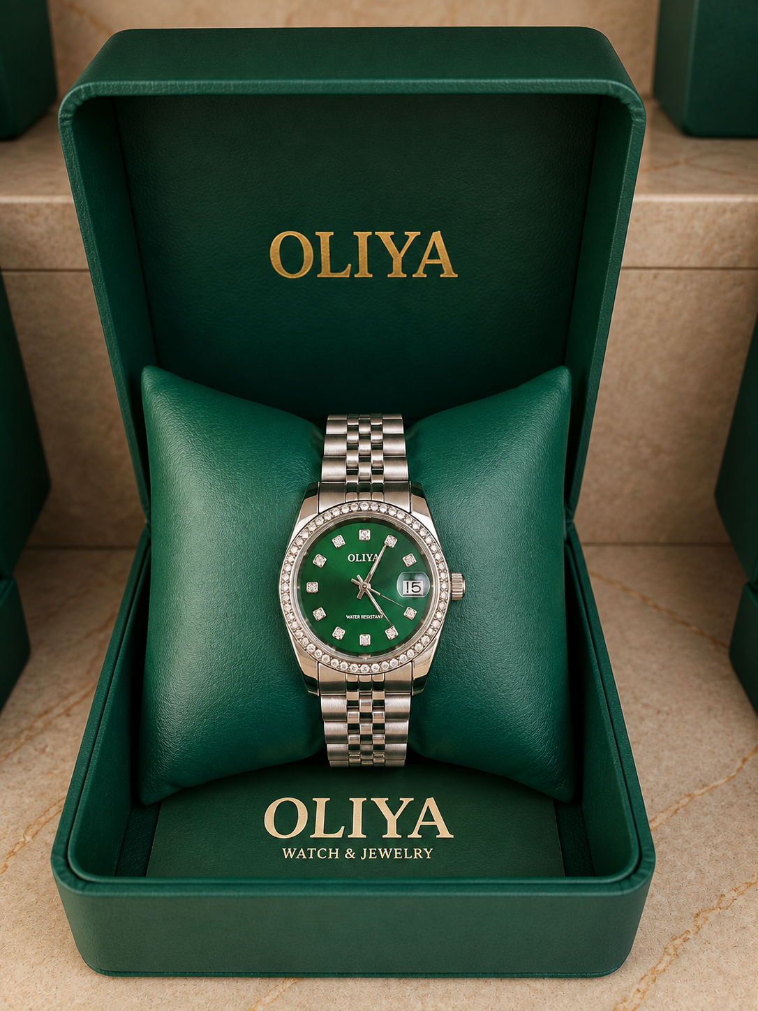 OLIYA Women's Silver Crystal Date Watch – Green Dial