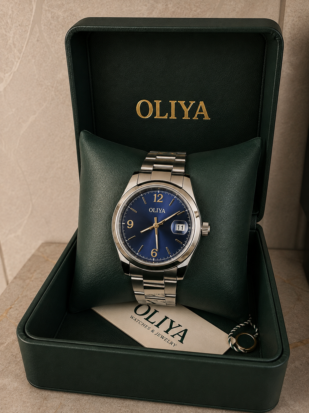 OLIYA Men's Classic Silver Watch – Deep Blue Dial