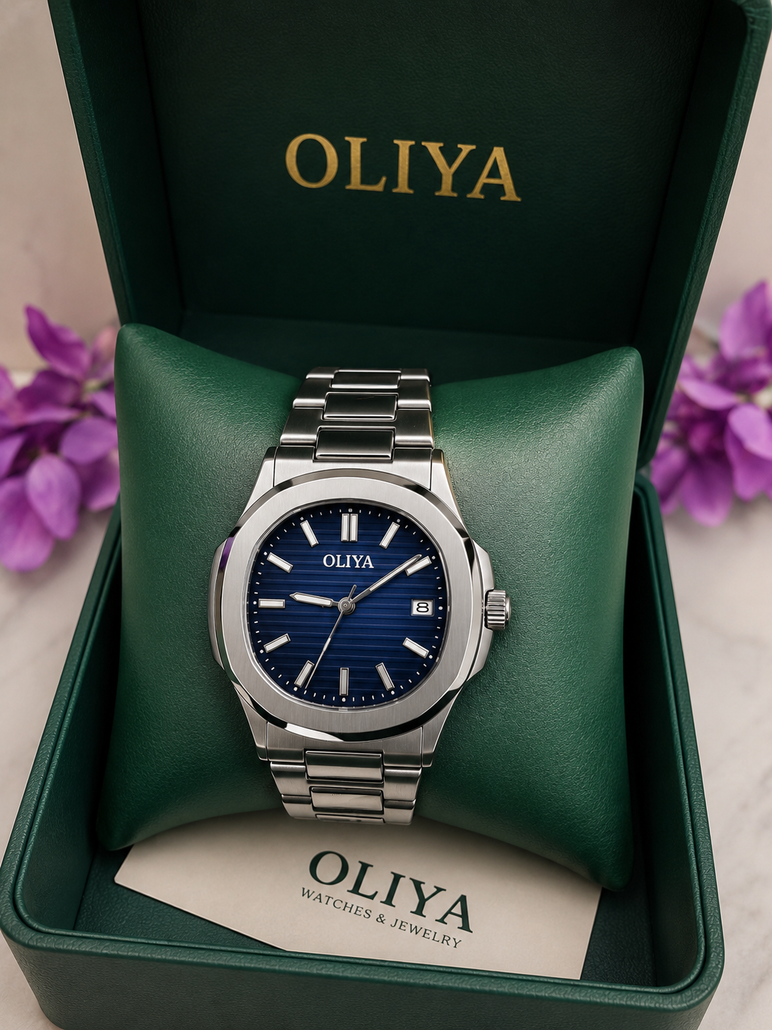 OLIYA Men's Steel Watch – Navy Horizontal Dial