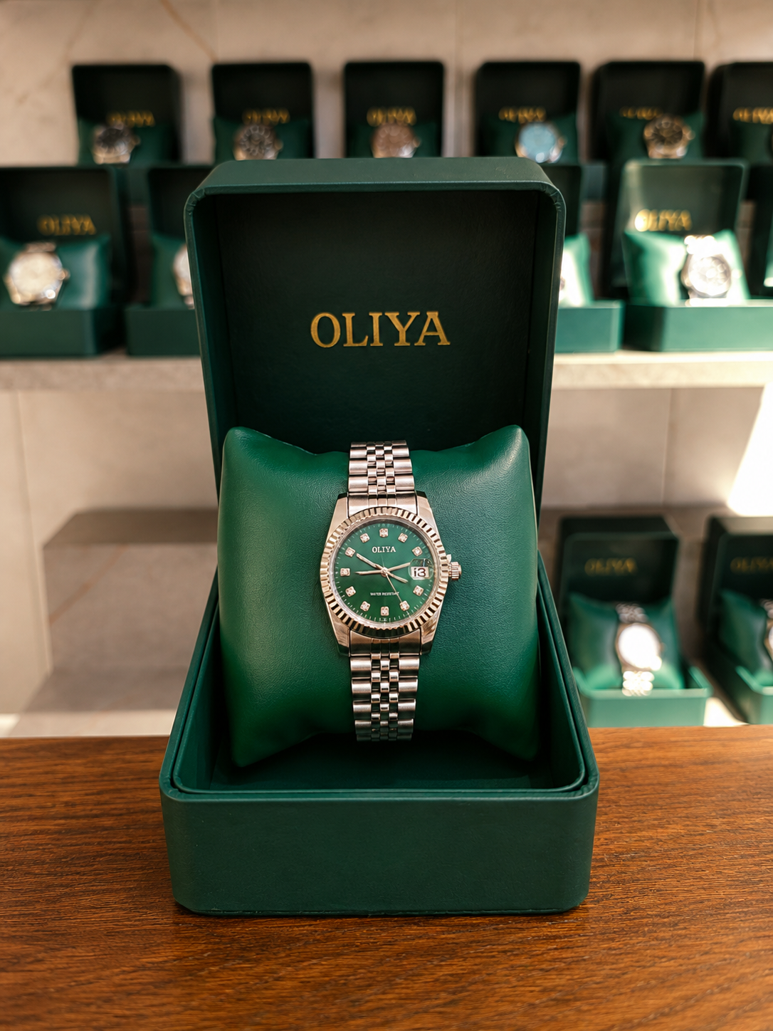 OLIYA Women's Silver Fluted Date Watch – Emerald Green Dial