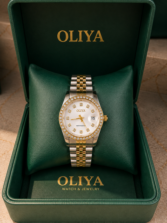 OLIYA Women's Two-Tone Rectangular Crystal Watch – Ivory Dial