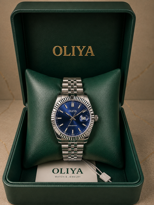 OLIYA Men's Fluted Silver Watch – Royal Blue Dial
