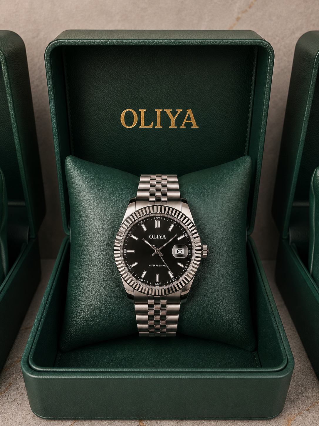 OLIYA Men's Fluted Silver Watch – Black Dial