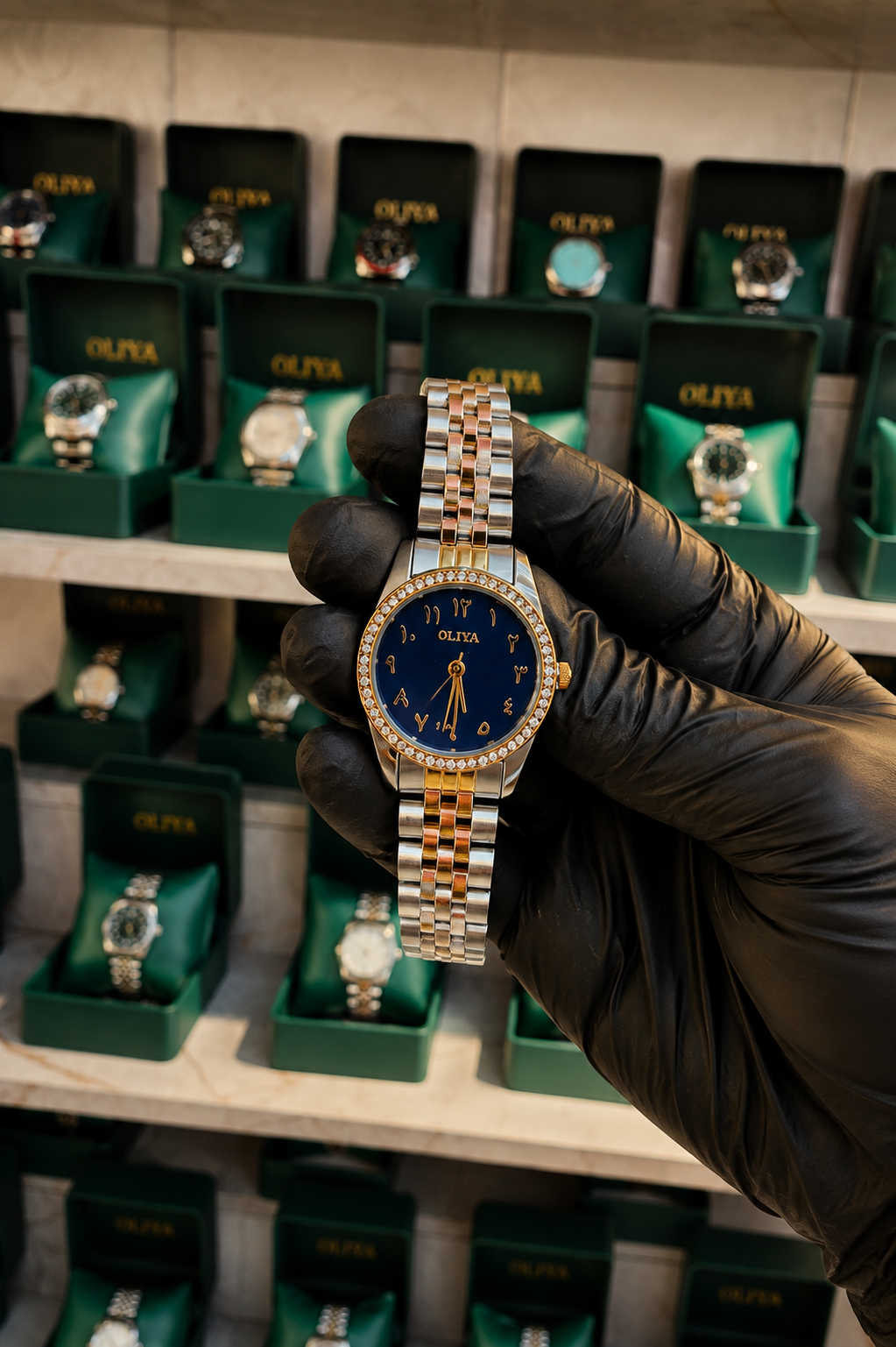 OLIYA Women's Two-Tone Crystal Watch – Navy Arabic-Indic Dial